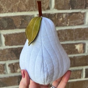 Quilted stuffed pear with leather leaf, pear decor, quilted pear, stuffed pear, white pear decor, upcycled decor, repurposed decor, pear