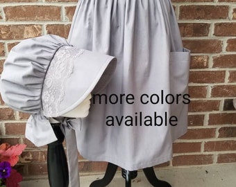 Pioneer 2-piece gathered half apron with bonnet, Pioneer Costume, Pioneer apron bonnet set, Pioneer Clothes, Cosplay, Prairie set, Trek set