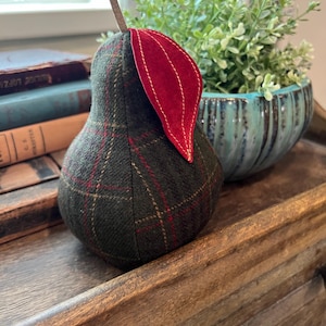Stuffed wool pear with leather leaf, pear decor, quilted pear, stuffed pear, tiered tray pear, upcycled decor, repurposed decor, pear