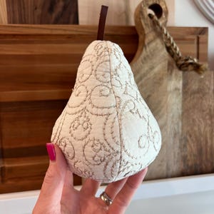 Quilted stuffed pear with leather stem, pear decor, quilted pear, stuffed pear, tiered tray pear, upcycled decor, repurposed decor, pear