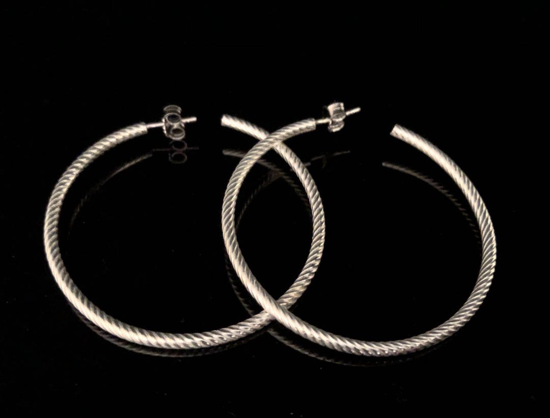 Twisted Silver Post Hoop Earrings 925 Sterling Silver 48mm Medium Large
