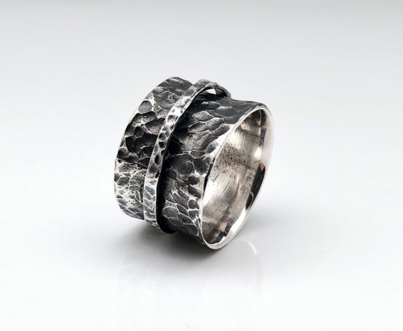 Oxidized Sterling Silver Spin Ring - Distressed Wide Band, Size 9