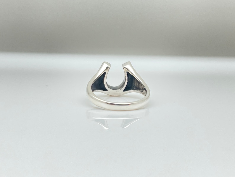 May include: A silver ring with a horseshoe design. The horseshoe is open at the top and the ring is polished.