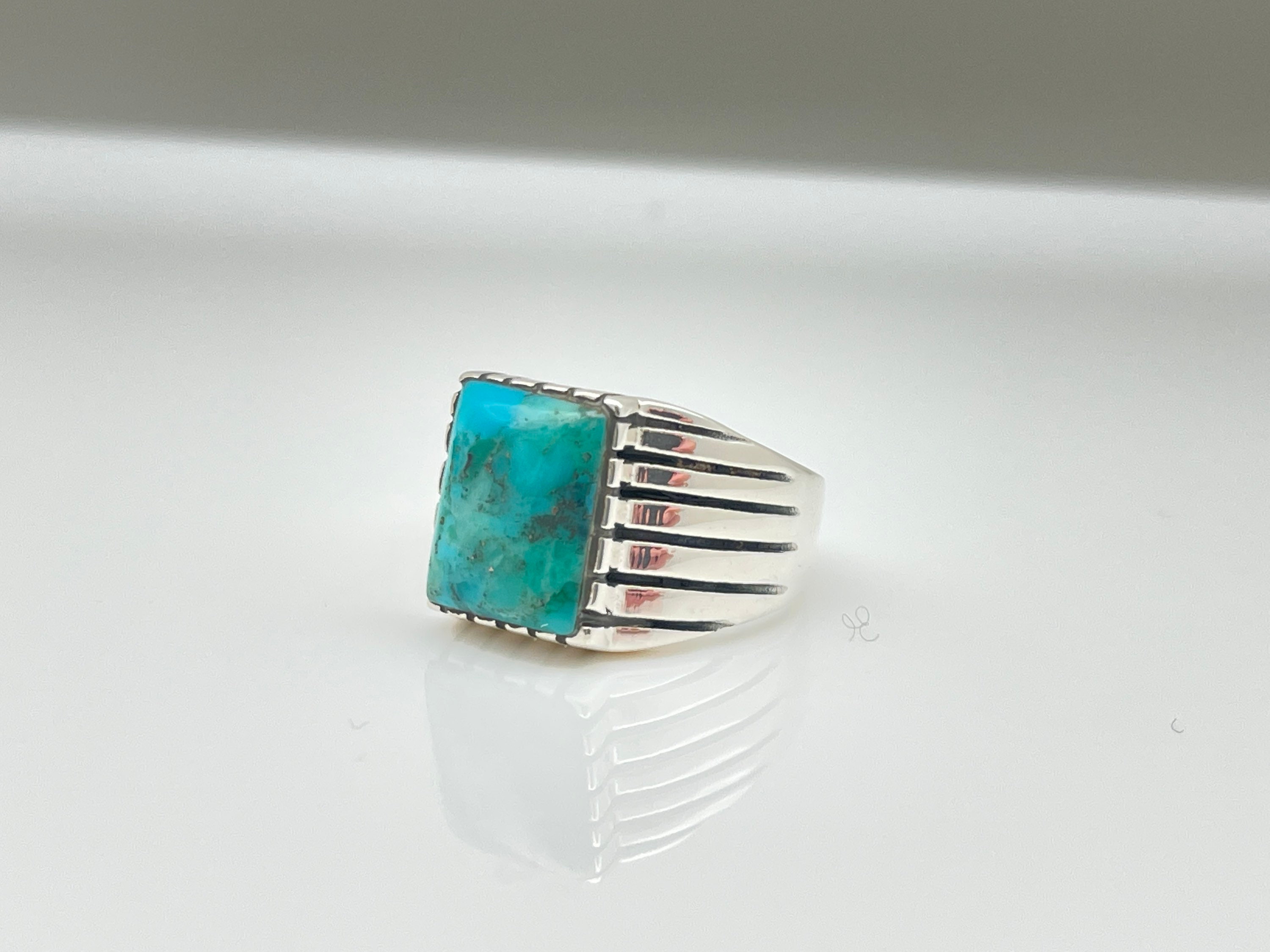 Men's Turquoise Signet Lines Ring // 925 Sterling Silver
