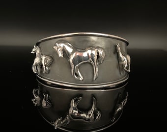 Oxidized Sterling Silver Horse Cuff Bangle - Handmade