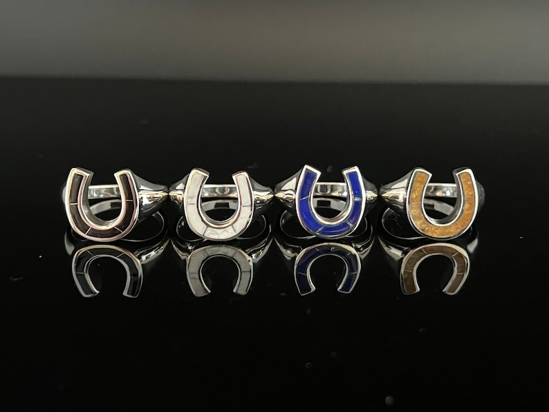 May include: Five silver horseshoe rings with different colored inlays. The rings are arranged in a row from left to right. The inlays are black, white, blue, brown, and gold.