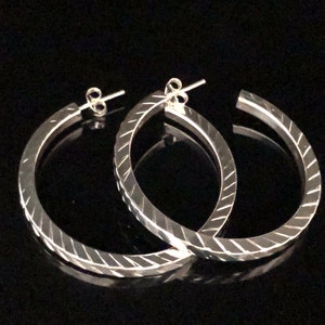 Squared Silver Post Hoop Earrings - 925 Sterling Silver - 1.5 Inches Diameter - Medium Sized Post Hoop Earrings -- Silver Hoops