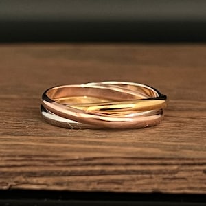 Anillo fino de tres tonos de 2 mm // Anillo de triple banda // Plata de ley 925 con baño de oro amarillo y rosa