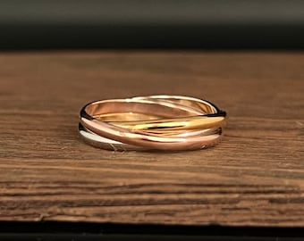 Thin Three Tone Rolling Ring 2mm // Triple Band Rolling Ring // 925 Sterling Silver with Yellow and Rose Gold Plating