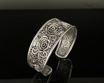 Silver Victorian Roses Cuff Bracelet - 925 Sterling Silver - Rose Bangle Bracelet -- Size 7