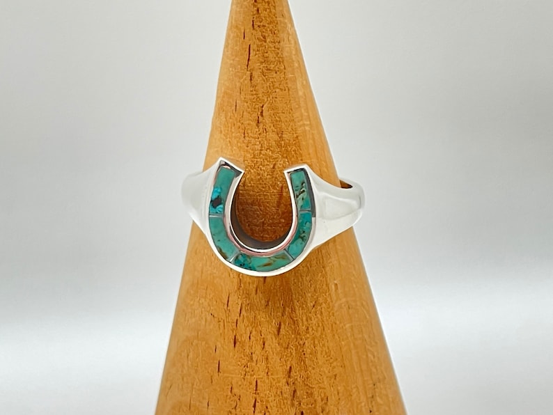 May include: A silver ring with a turquoise horseshoe design.