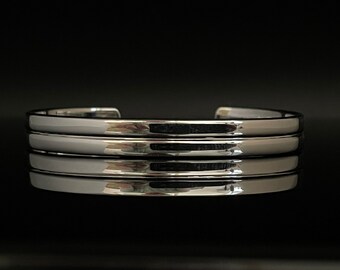 Ridged Sterling Silver Double Band Cuff - Shiny Finish