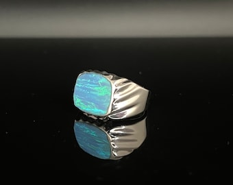 Anillo de sello de plata esterlina para hombre: Ópalo de laboratorio azul