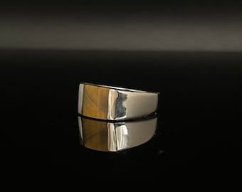 Squared Tiger's Eye Sterling Silver Signet Ring - Size 7 to 12