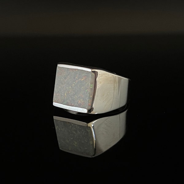 Men's Rectangular Opal Signet Ring // 925 Sterling Silver // White Fire Opal Silver Ring // Size 8, 9, 11, 12
