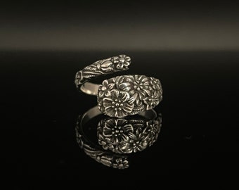 Oxidized Sterling Silver Spoon Ring: Victorian Floral Design