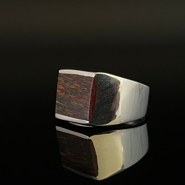 Men's Rectangular Opal Signet Ring // 925 Sterling Silver // Red Fire Opal Silver Ring // Size 8, 9, 11, 12