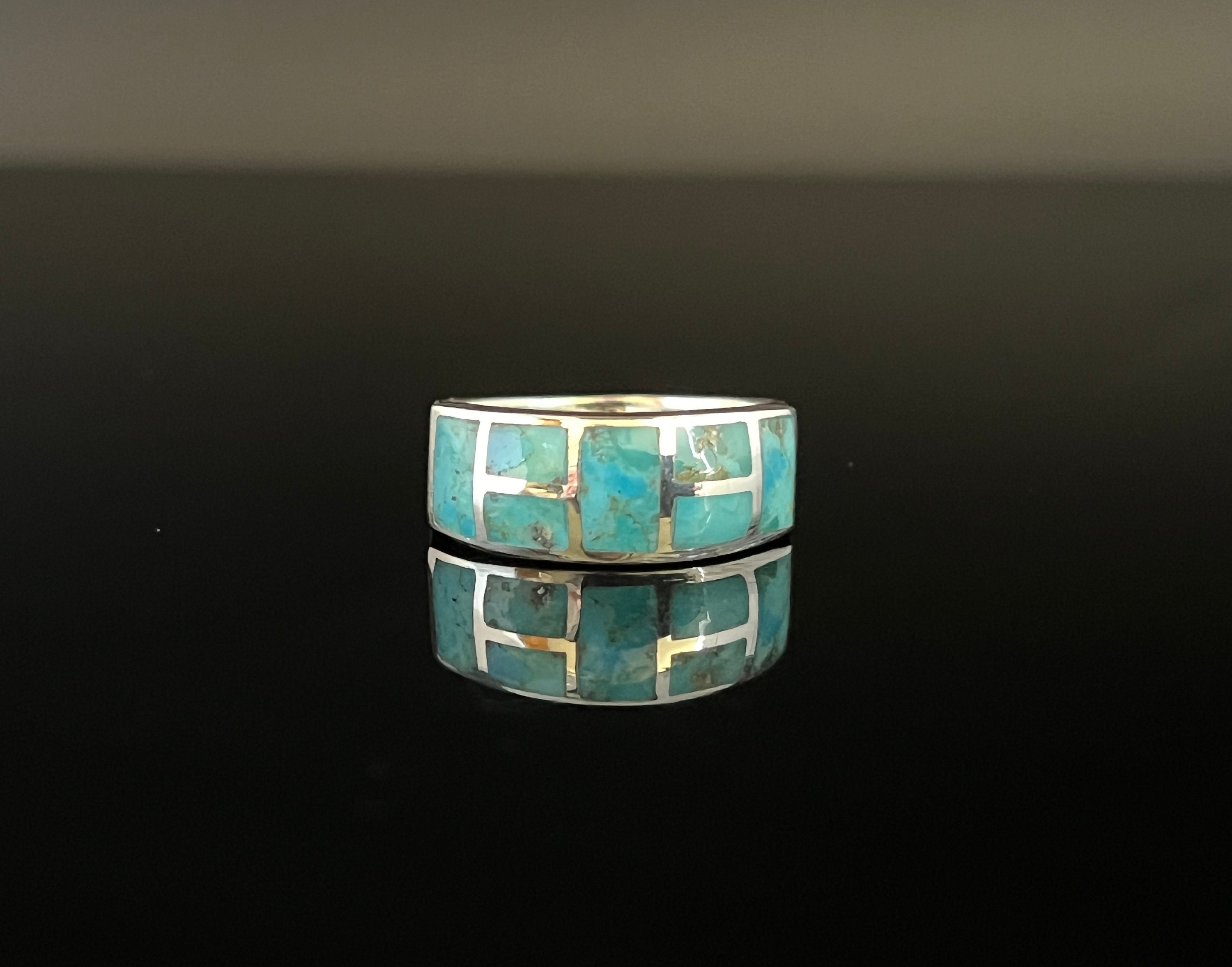 Turqoise Inlay Rings Mosaic Turquoise Ring: Sterling Silver Inlay, Size 10-12 - Etsy
