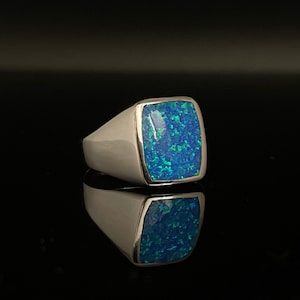 Men's Silver Blue Opal Ring // 925 Sterling Silver // Signet Silver Opal Ring