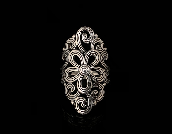 Flower Swirl Silver Ring // 925 Sterling Silver // Long Flower Ring // Size 6, 7, 8, 9