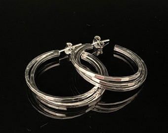 Multi-Strand Hammered Hoop Earrings - 925 Sterling Silver - Medium Sized Post Hoop Earrings -- Silver Hoops