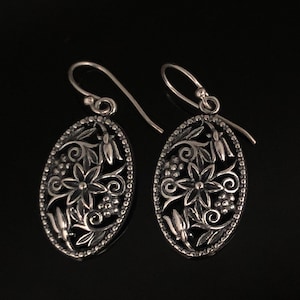 Floral Silver Earrings - 925 Sterling Silver - Oxidized -- Silver Earrings