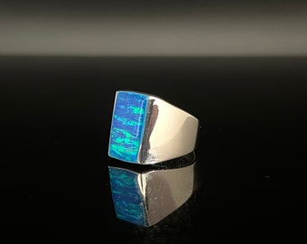 Men's Blue Opal Silver Signet Ring // 925 Sterling Silver // SolId Silver Opal Ring // Size 8, 9, 10, 11