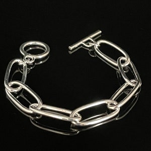 Paper Clip Style Silver Link Bracelet // 925 Sterling Silver // 8 Inches Length // Toggle Clasp
