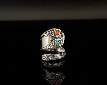 Vintage Style Spoon Ring with Turquoise and Coral // 925 Sterling Silver