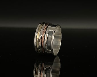 Oxidized Sterling Silver Spinner Ring: Tri-Tone Bronze & Copper