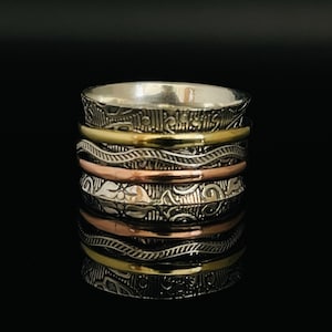 Etched Tri-Tone Spinner Ring Size 8, 9, 10 // 925 Sterling Silver with Bronze and Copper // Oxidized