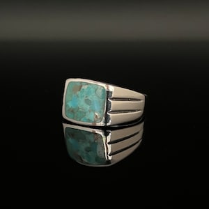 Squared Turquoise Silver Signet Ring with Lines // 925 Sterling Silver // Sizes 7 to 12 Available // Men’s Turquoise Ring