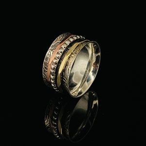 Etched Spin Ring Size 8, 9, 10 // 925 Sterling Silver with Bronze and Copper // Oxidized