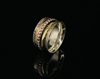 Etched Spin Ring Size 8, 9, 10 // 925 Sterling Silver with Bronze and Copper // Oxidized