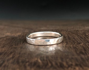 Hammered Flat Band Silver Ring // 925 Sterling Silver // 3mm Silver Band Ring // Cigar Band Ring // Plain Band Ring