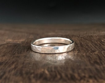Gehämmerter 925er Silber Bandring: Handgemachter 3 mm Flacher Bandring
