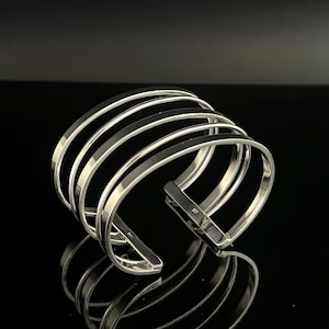 Wide Layered Silver Cuff Bracelet - 925 Sterling Silver - Handmade