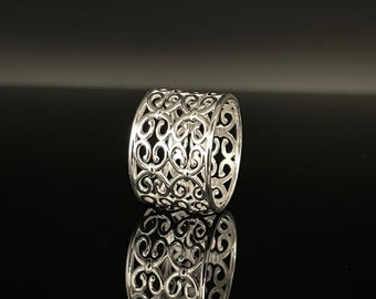 Sterlingzilveren brede band filigraanring - hoogglans