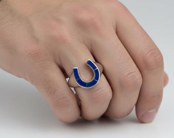 Sterling Silver Horseshoe Ring with Lapis Lazuli Inlay