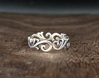 Oxidized Swirl Band Silver Ring - 925 Sterling Silver - Everyday Silver Scroll Ring