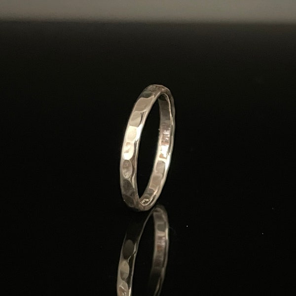 Hammered 2mm Flat Band Silver Ring // 925 Sterling Silver