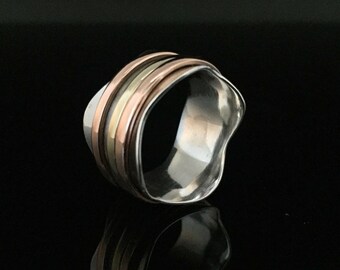 Spin Ring Size 9 // Wavy 3 Tone Spin Ring // 925 Sterling Silver with Yellow and Rose Gold Plated Spinning Bands