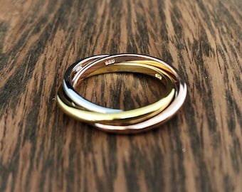 Three Tone Rolling Ring // Triple Band Rolling Ring // 925 Sterling Silver with Yellow and Rose Gold Plating