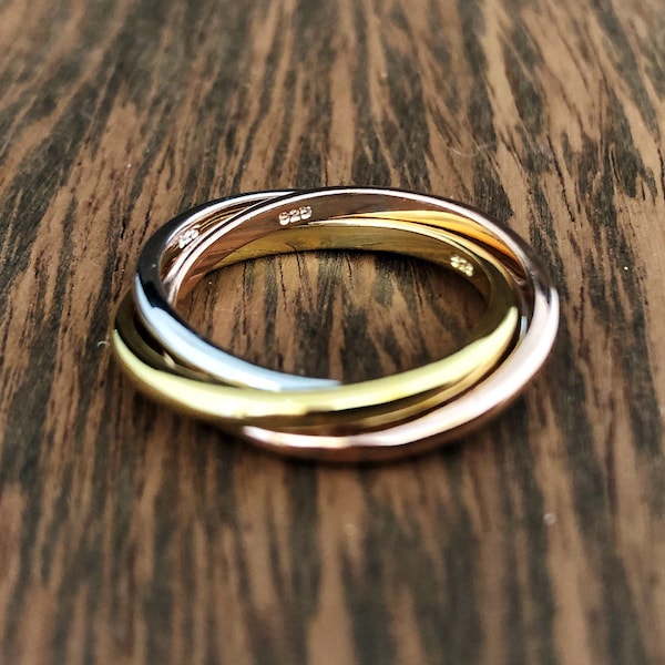 Three Tone Rolling Ring // Triple Band Rolling Ring // 925 Sterling Silver with Yellow and Rose Gold Plating