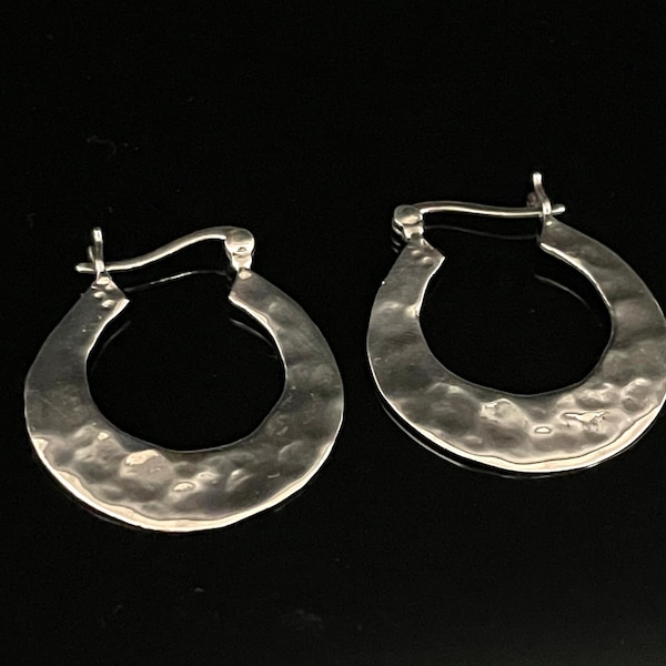 Hammered Silver Hoop Earrings - 925 Sterling Silver - Rustic Hoop Earring