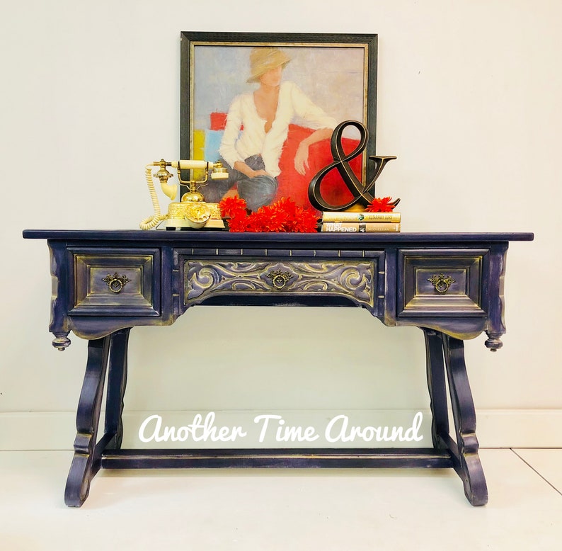 Writing Desk Vanity Eclectic Hand Painted 3 Drawer Image 0
