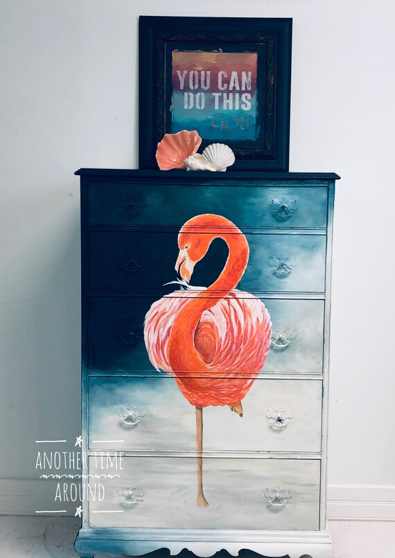 Beach Bedroom Boho Dresser Chest Of Drawers Hand Painted Chic Flamingo Sophisticated One Of A Kind Shipping Is Not Free