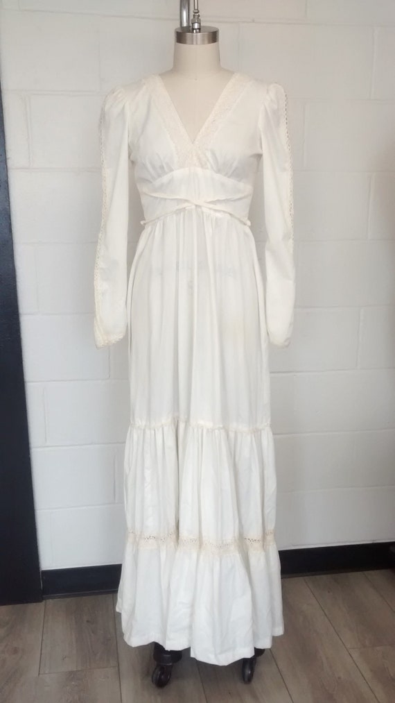 1970s Boho Wedding Dress Muslin Gown Hippie Off-Wh