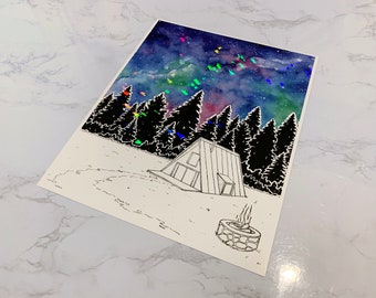 A Frame House Holographic Print, Galaxy Watercolor Painting, Holographic Galaxy Painting, Watercolor Galaxy, Watercolor, Mountain Painting
