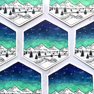 Hexagon Camping Sticker, Mountain Sticker, Nature Sticker, Vinyl Sticker, Die Cut Sticker, Waterproof Sticker, Galaxy Sticker, Art Sticker